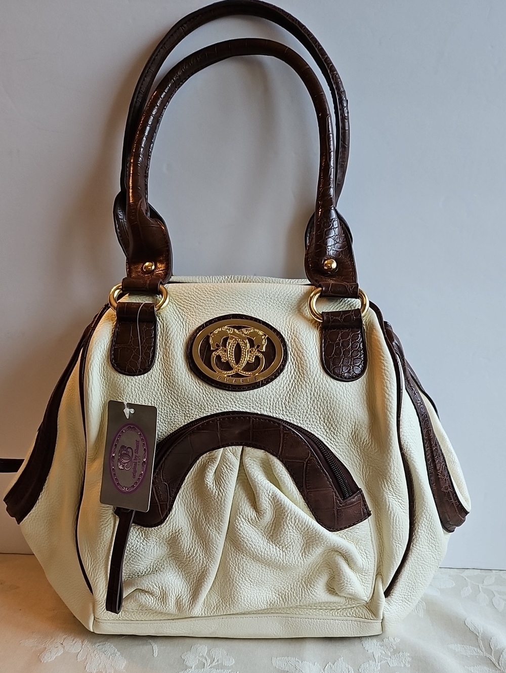Sharif Cream and Brown Pebble Leather Bowling Style Bag with Gold Accent